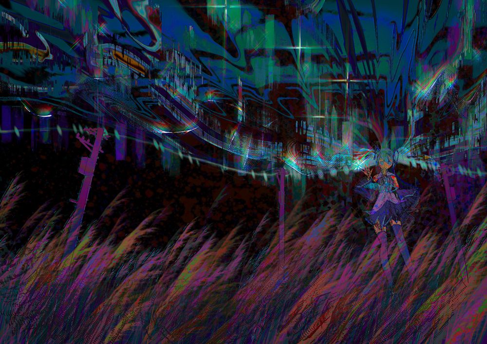 Digital illustration of Hatsune Miku waving to the viewer, her hair is a mesh of the telephone line and night sky behind her. 