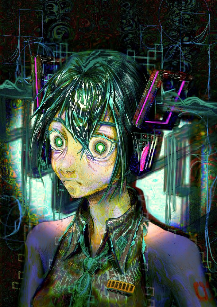 Digital painting of Hatsune Miku looking at the viewer with a spotlight on her and shapes in the background for her hair 