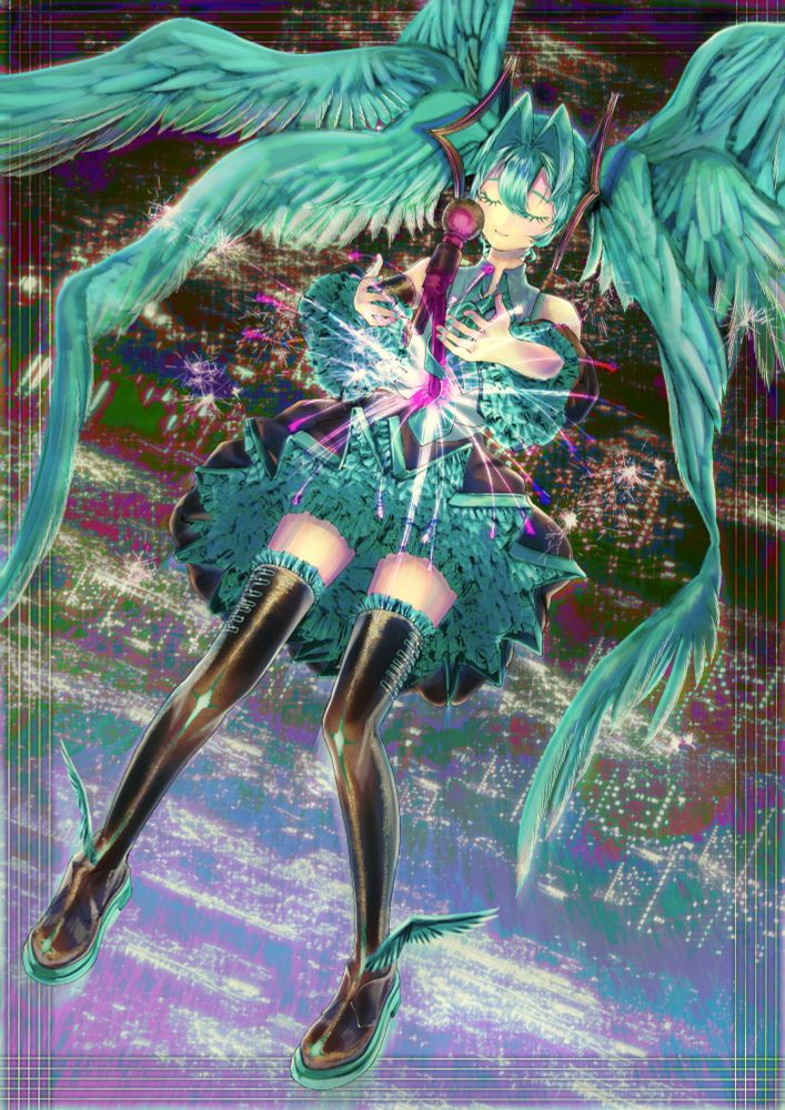 Digital Illustration of Hatsune Miku, the viewer looking down on her floating above city lights, a microphone emerging out of her stomach. Miku has 3 pairs of wings instead of regular hair. 