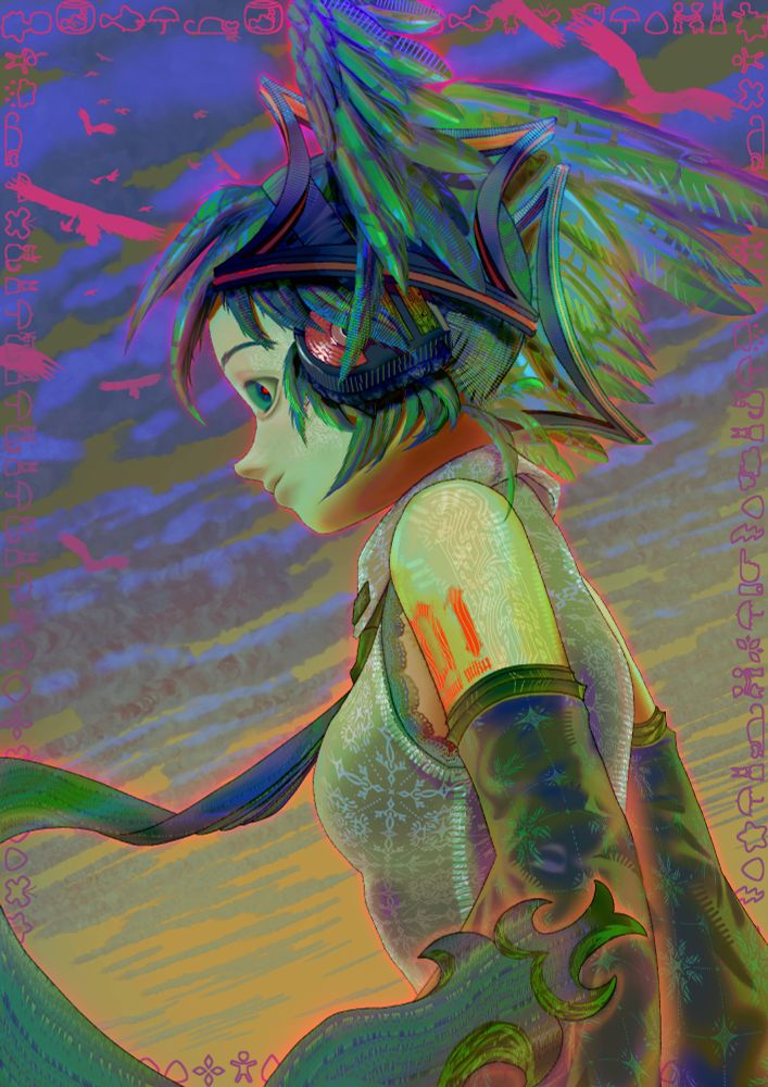 Digital illustration of Hatsune Miku with wings for hair staring out at sunset, bright pink birds and a wingdings border in the back