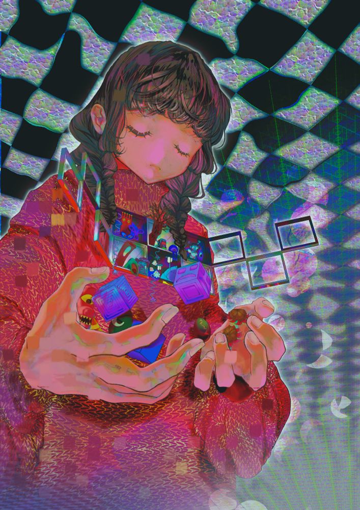Digital Illustration of Madotsuki from the indie game Yume Nikki by Kikiyama, it shows Madotsuki holding various items and creatures from the game that spill out from the checkerboard squares on her jumper. 
