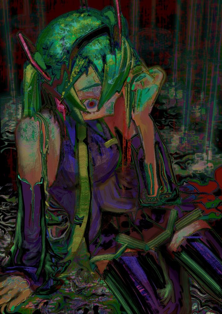 Digital painting of Hatsune Miku, very textured and she is melting on the floor pulling her bangs looking unsettled. 