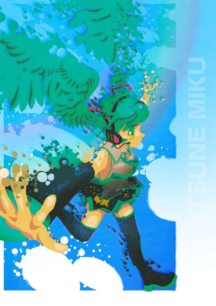 Digital Illustration of Hatsune Miku walking in the sky while disintegrating into circle particles. 