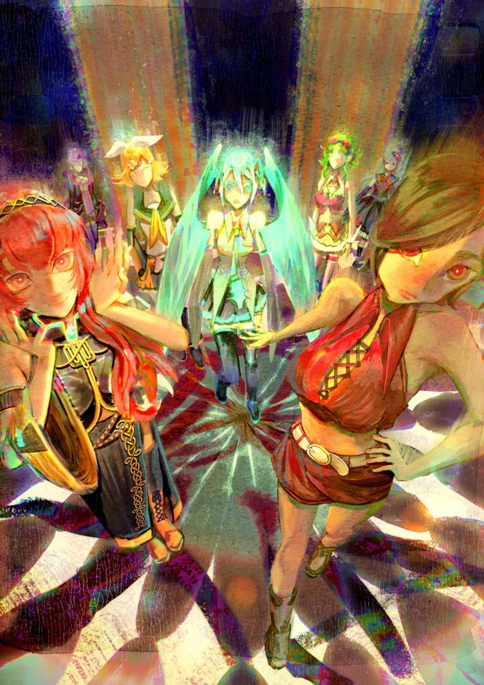 Vocaloids Hatsune Miku, Megurine Luka, MEIKO, Kagamine Rin, Megpoid, Yukari Yuzuki and Mayu standing up in a gothic room 