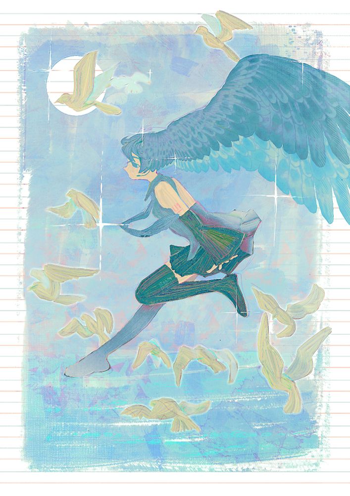 Digital illustration of Hatsune Miku flying over the ocean with birds