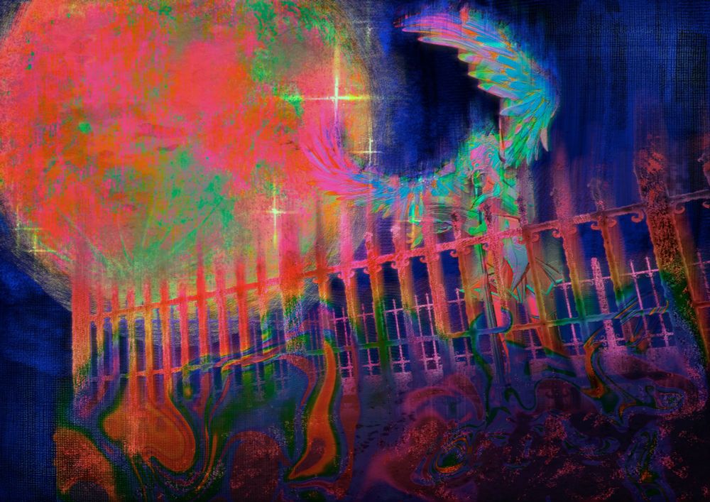 Digital painting of Hatsune Miku with hair for wings standing behind a colour stylised fence and in front of a large pink and green moon. 