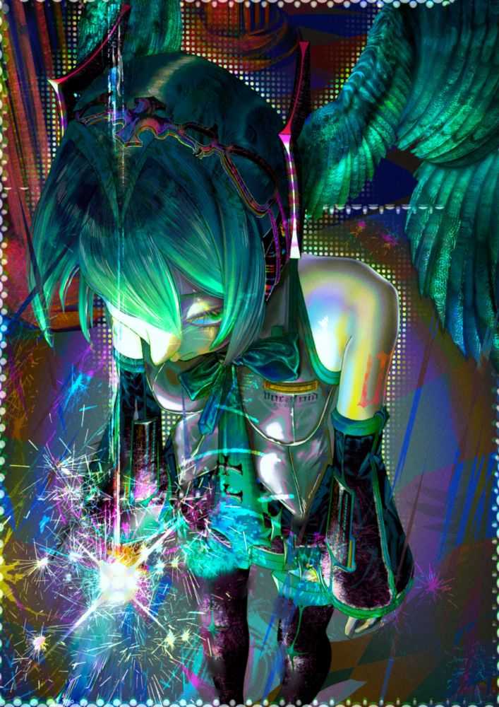 Digital painting of Hatsune Miku with wings for hair standing up looking at the viewer with a glowing sword in her right hand.