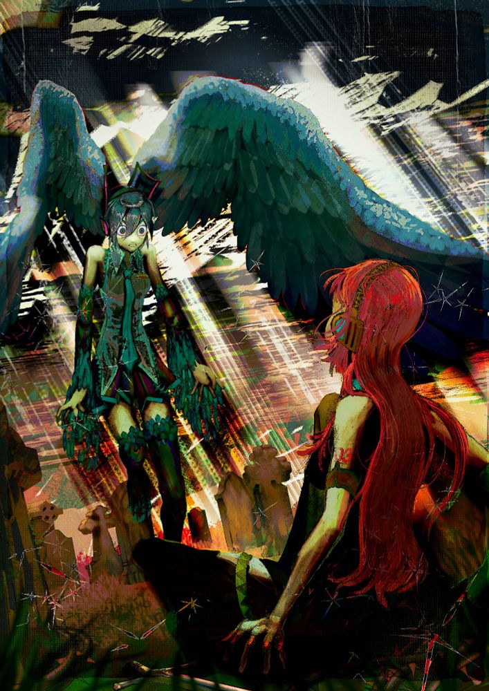 Digital painting of Hatsune Miku with hair for wings looking down at Megurine Luka who is reaching for a sword behind her on the ground of a graveyard. 