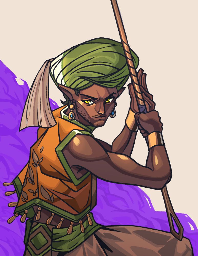 An illustration concept piece of a Jinni, holding a brass knitting pin as a weapon - purple smoke billowing beside. 