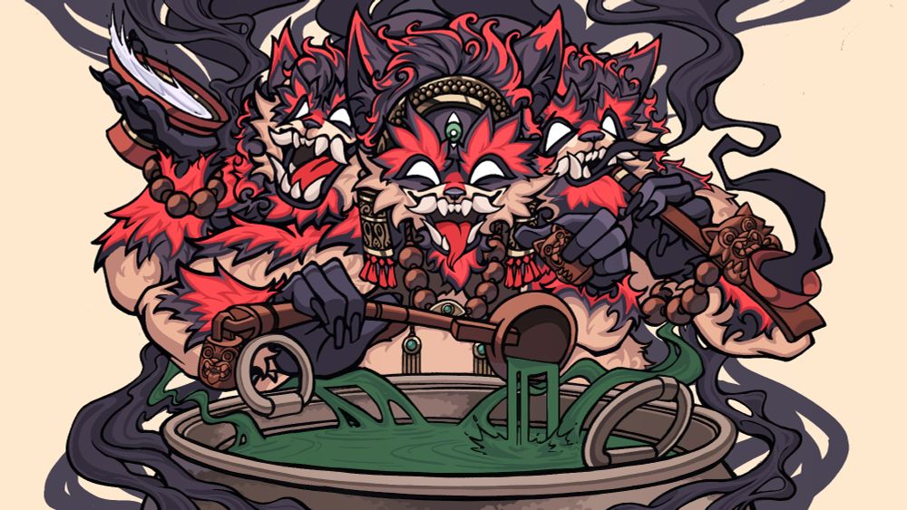 A digital illustration of a three faced beast, one drinking, one salivating over a cooking pot, and one smoking. The beast is surrounded by smoke and fumes, decorated in jewelry and religious cultural pieces. 