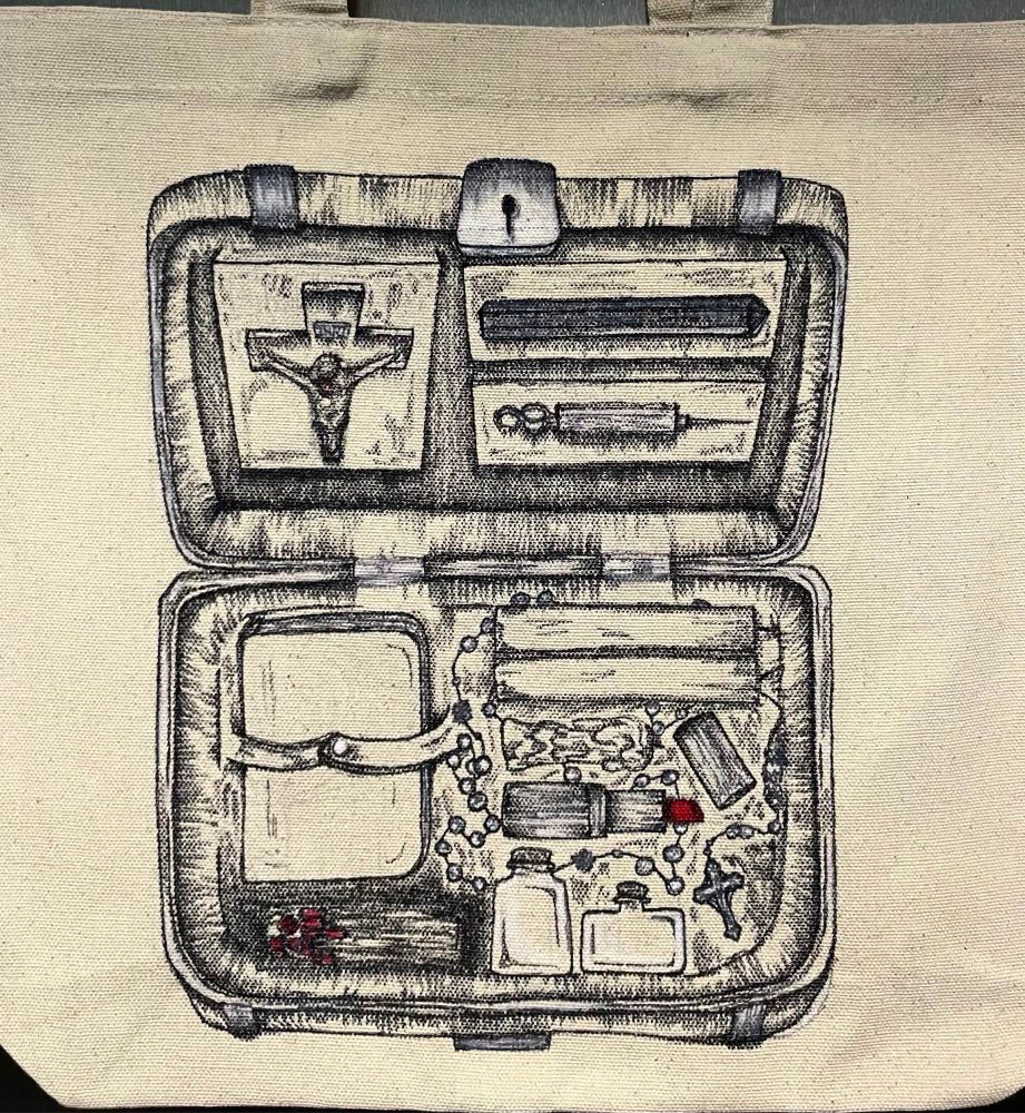 a top down view of a vampire hunting kit drawn by me on a canvas bag hanging on ribbed stainless steel. inside is a crucifix, a spike, a syringe needle, a book, matches, two candlesticks, half a burnt candlestick, 2 glass bottles, a lipstick with the cap off, and a rosary.