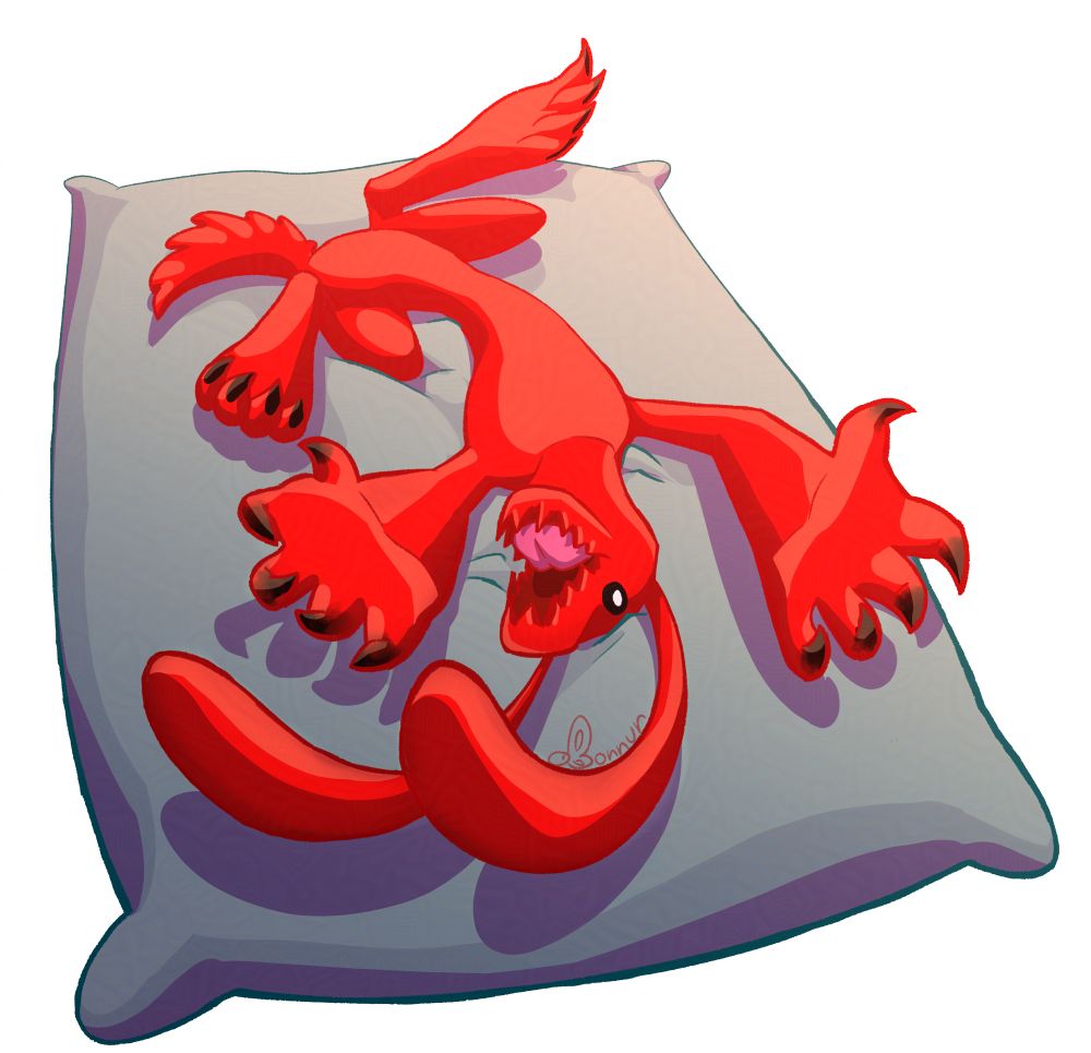 Big red and happy monster bunny laying in a big pillow, streaching his arms towards you.