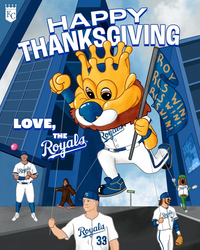 A graphic featuring Sluggerrr in the center as a balloon float. Salvador Perez, Matt Quatraro, Bobby Witt Jr., Pasquatch, and Relish stand below the balloon and hold the strings. Text on the graphic reads, "Happy Thanksgiving. Love, the Royals"
