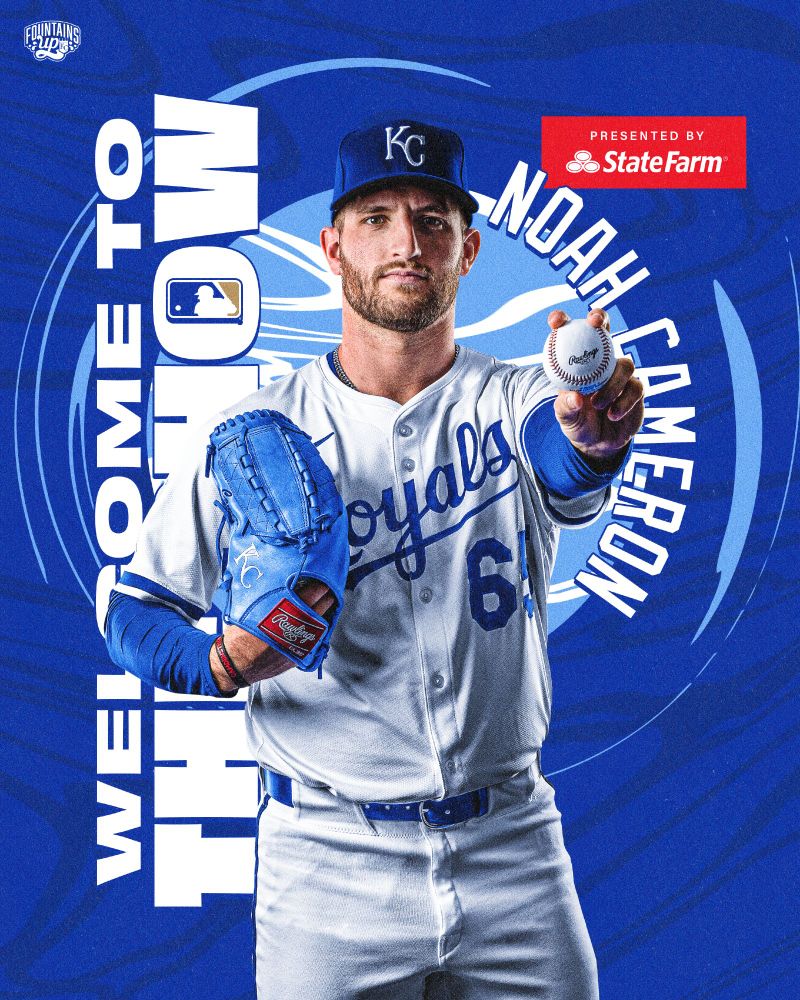 A graphic with a cutout portrait photo of Noah Cameron holding a baseball, set against a royal blue background. Text on the graphic reads, "Welcome to the Show, Noah Cameron"