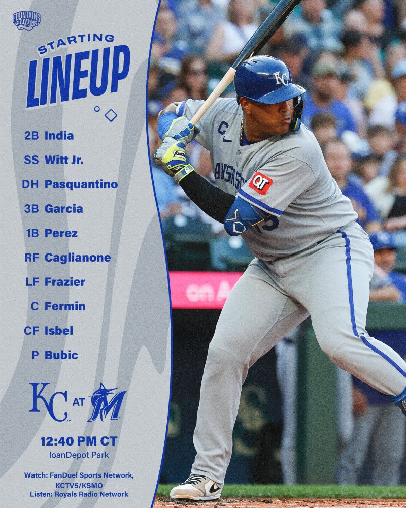 The Royals starting lineup for July 20 at the Miami Marlins:

2B Jonathan India
SS Bobby Witt Jr.
DH Vinnie Pasquantino
3B Maikel Garcia
1B Salvador Perez
RF Jac Caglianone
LF Adam Frazier
C Freddy Fermin
CF Kyle Isbel

P Kris Bubic

Watch: FanDuel Sports Network, KCTV5/KSMO
Listen: Royals Radio Network

First pitch from loanDepot Park in Miami, FL is set for 12:40 p.m. CT. Go Royals!

Pictured:
Salvador Perez, wearing a Royals road gray uniform, starts his swing in the batters box. (Photo by Alika Jenner/Getty Images)
