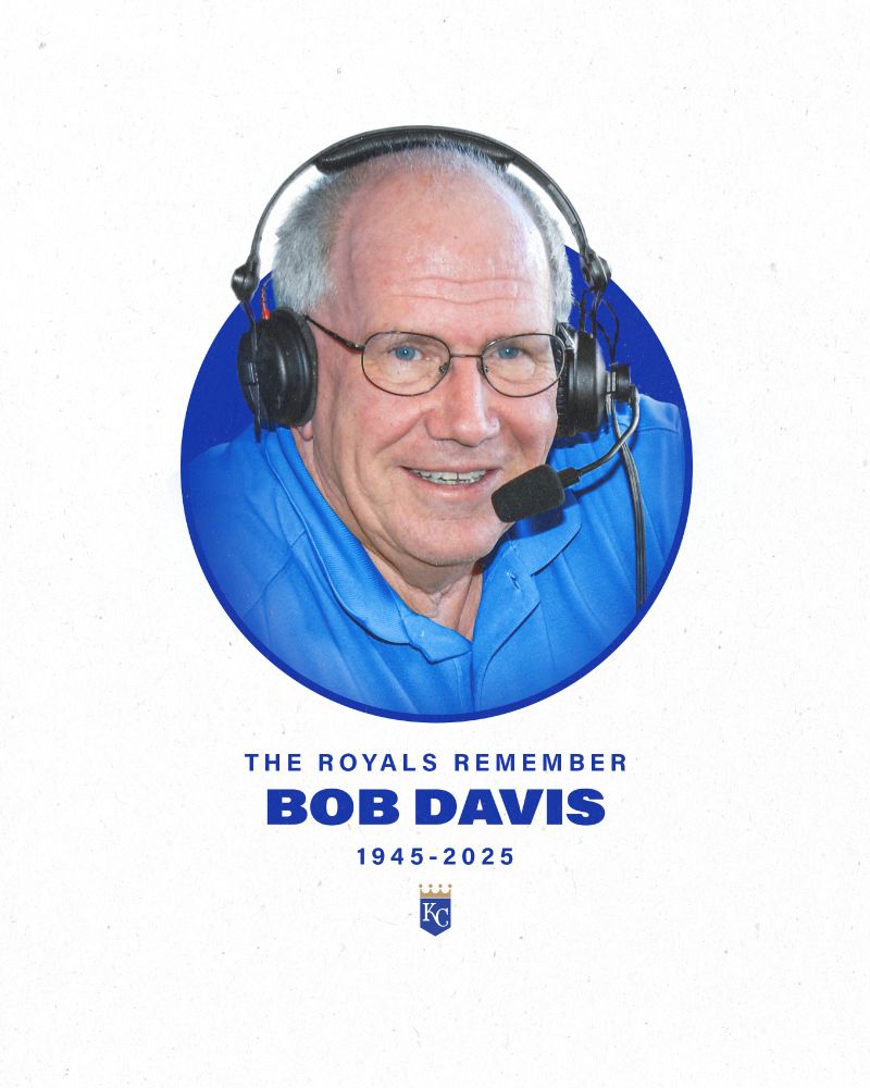 A white graphic with a headshot of Bob Davis wearing a headset and smiling in the center. Text on the graphic reads, "The Royals Remember Bob Davis 1945-2025."