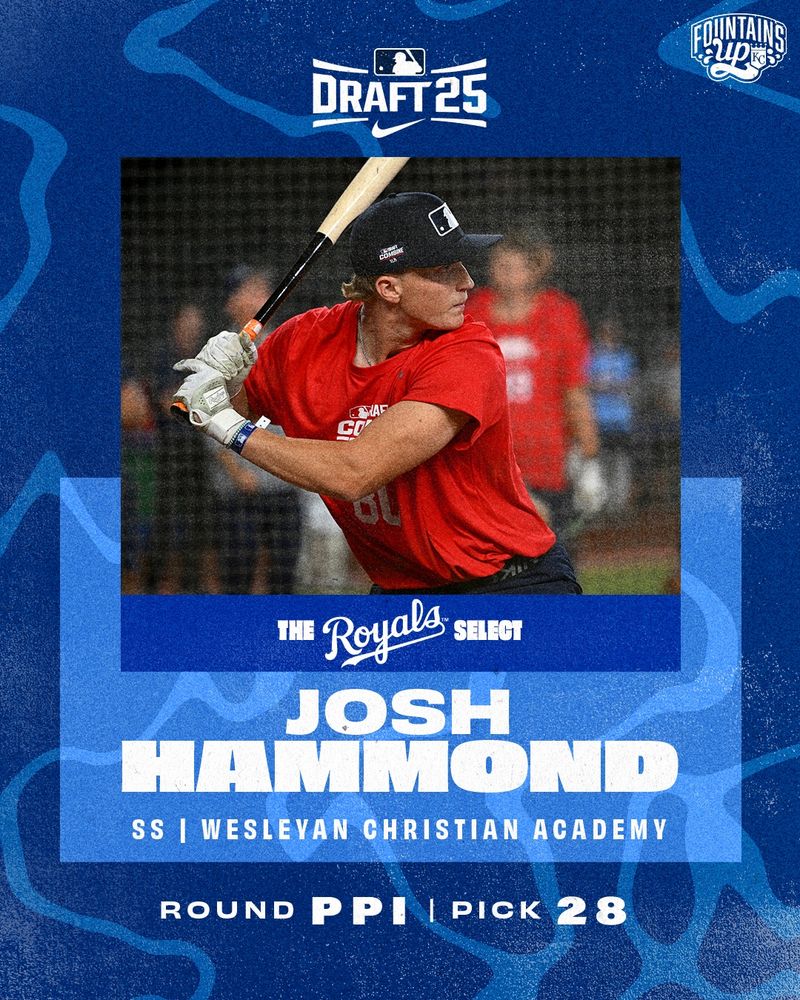 A royal and navy blue graphic with 2025 MLB Draft logo elements, with a photo of Josh Hammond in the center. Text on the graphic reads, "The Royals select Josh Hammond, shortstop, Wesleyan Christian Academy (NC). Round PPI, Pick 28."