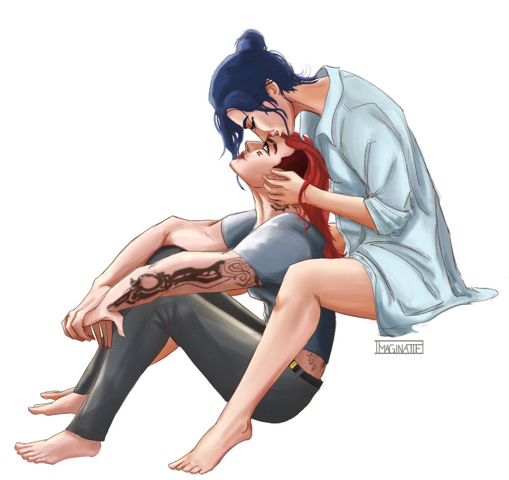 Vi sitting on the ground, arms resting on her knees looking up lovingly at Caitlyn. Caitlyn sits above her, cradling her head smiling. Soft stuff lol