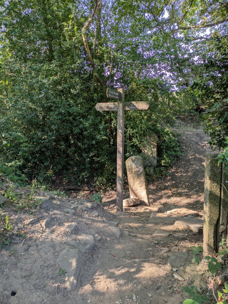 Stone post and signpost on a dusty path in the woods.