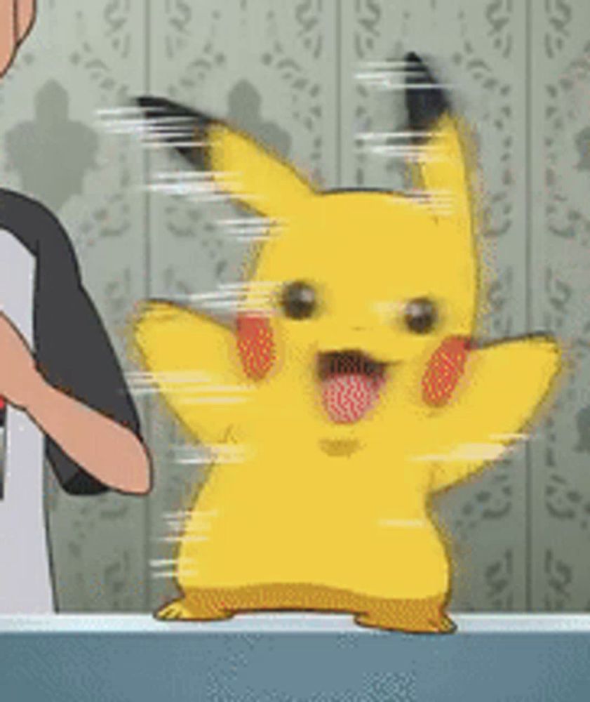 a pikachu with its tongue out is standing next to a man .