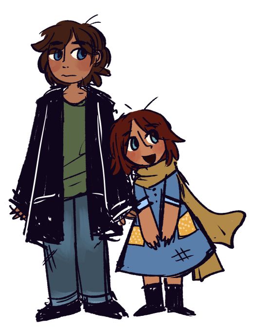 Older brother Crono standing with an awkward expression and lil sister Bernice out here having a good time and smiling.