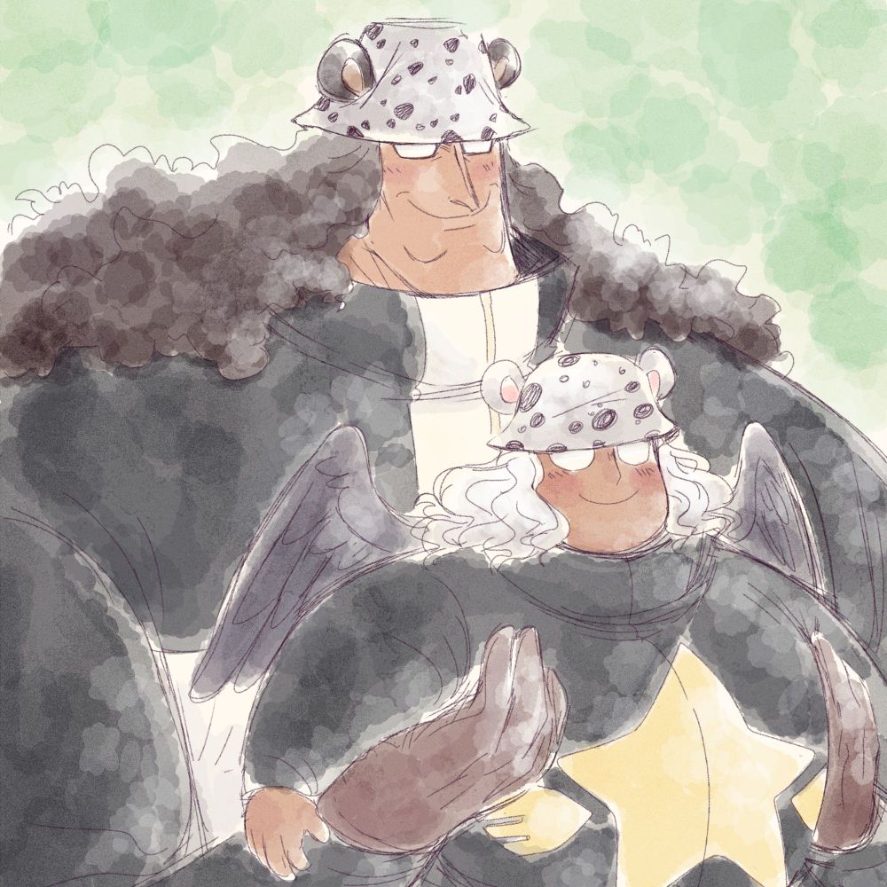 Bartholomew Kuma from One Piece holding up S-Bear. The both of them are smiling happily. 