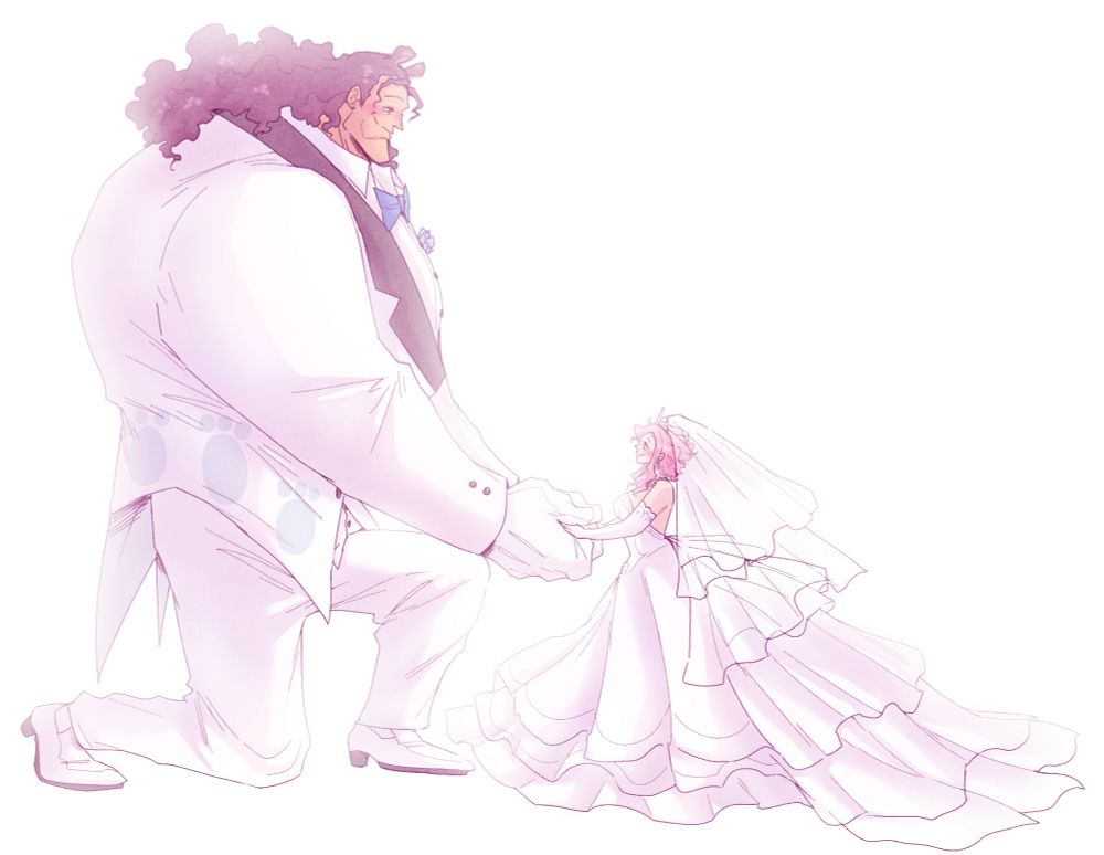 Bartholomew Kuma and Ginny dressed up for their wedding day