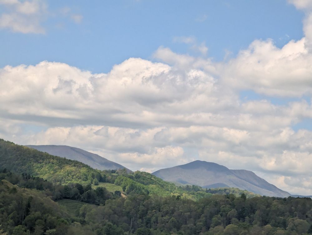 Trees in front of two mountains with clouds overhead 