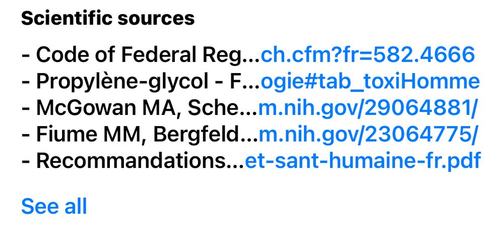 scientific sources for propylene glycol. there are five abbreviated titles of resources and abbreviated links next to them.