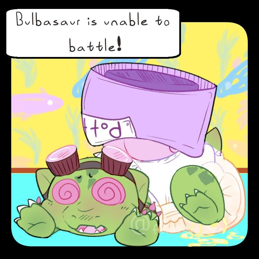 A cherry blossom Bulbasaur splayed out on the ground in a nursery and wearing a leaky, soaked diaper, swirls in his eyes with a text box saying "Bulbasaur is unable too battle!". A light purple training potty is covering his bulb too highlight how bad he is at potty training.