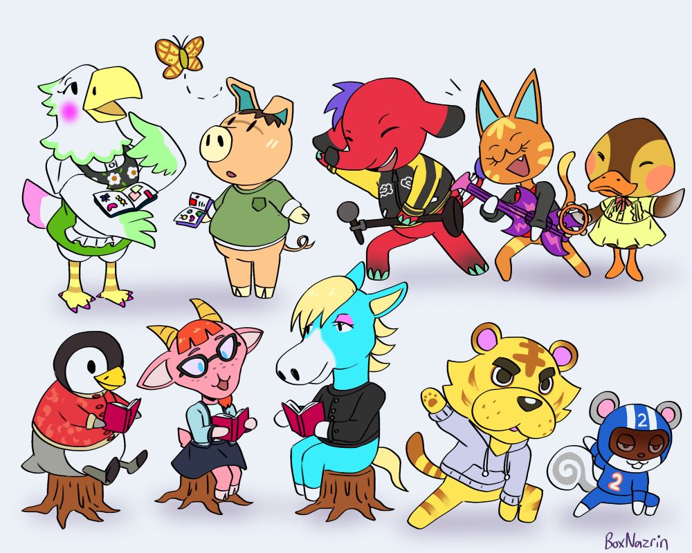 Doodles of 10 animal crossing villagers interacting. In the top left are Celia and Spork looking at a butterfly. In the top right, Cyd Katt and Molly are playing music. In the bottom left, Aurora Velma and Ed are having a book club together. In the bottom right are Tybalt and Agent S doing yoga stretches.