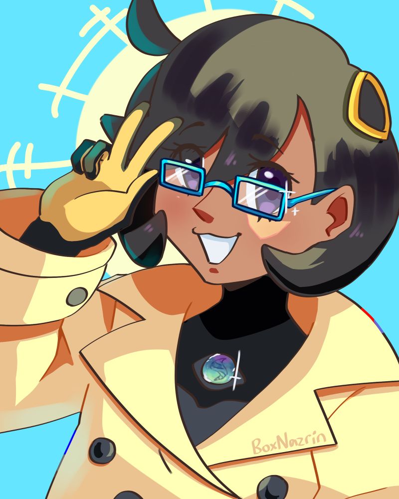 illustration of Emma from pokemon legends za but she’s wearing glasses. she is smiling