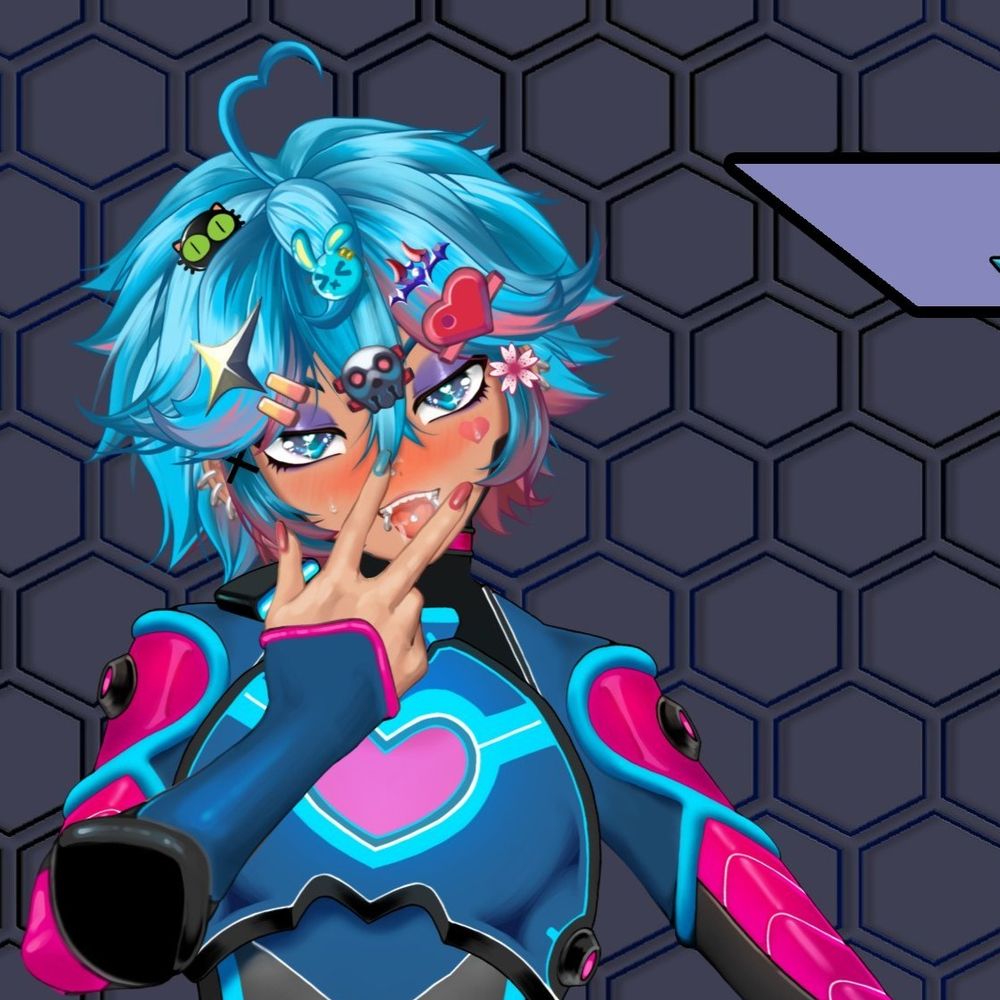 A tanned, gyaruo femboy in a futuristic, colorful bodysuit with blue hair and various stickers on their face poses with two fingers held up near their face against a hexagonal patterned background.