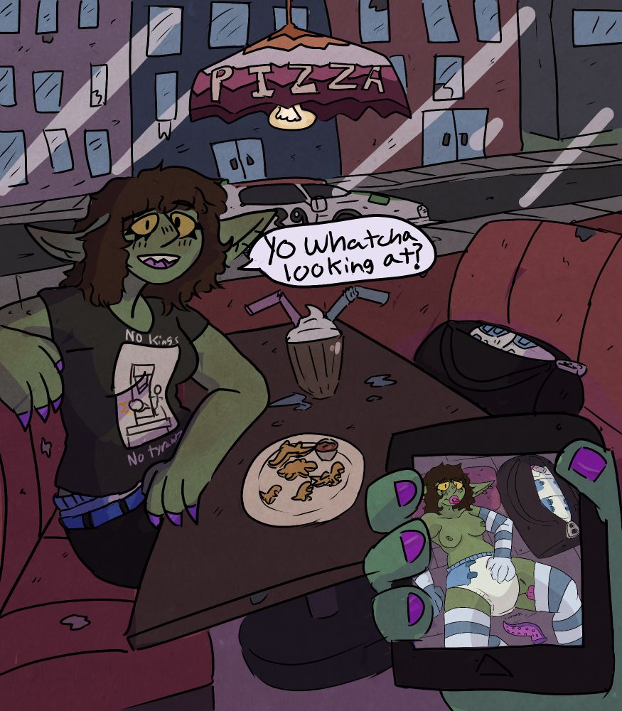 Fem goblin in a diner sitting across from a duffel bag, the table has a milkshake and Dino nuggets on it, the viewer is holding a phone with a picture of the fem goblin in diapers on it the goblin is asking "yo whatcha looking at?"