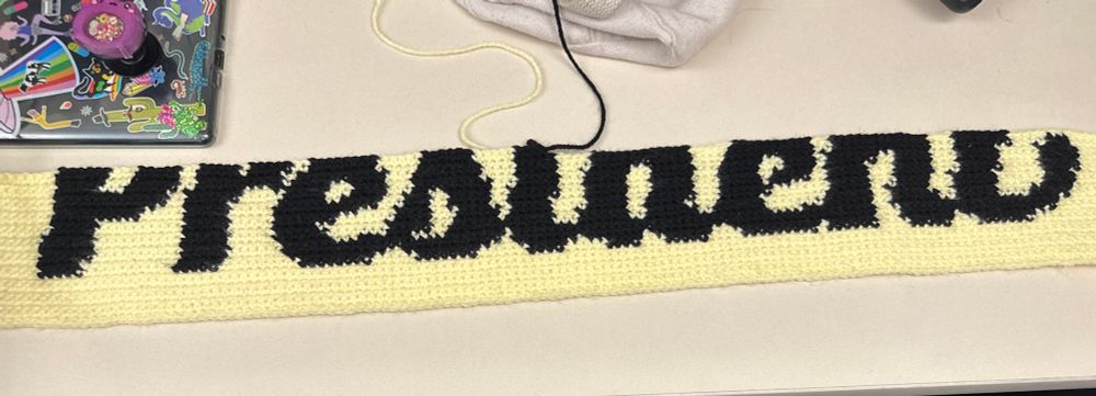 ~25 rows of a crochet tapestry. Currently using  soft yellow for the background and a black for the words. The word President is almost complete