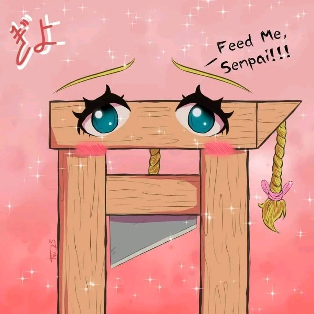A kawaii  and horny guillotine saying "Feed me, Sempai!!!" The guillotine is blushing.
