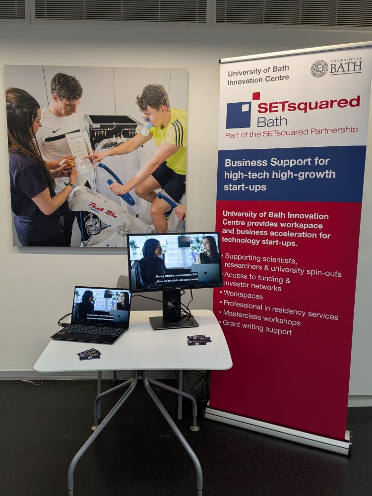 SETSquared Bath stand with two monitors showing video