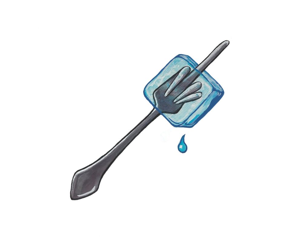 A painting of a silver fork at a 45° angle with the first third and fourth times bent down in a middle finger gesture, with an ice cube impaled on it, melting with a single water drop coming off it.