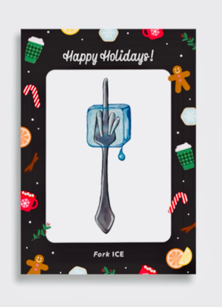 Black framed holiday card with Fork ICE graphic in the middle. Small holiday icon such as peppermint canes hot chocolate gingerbread men and Holly Spring are sprinkled throughout the black frame.