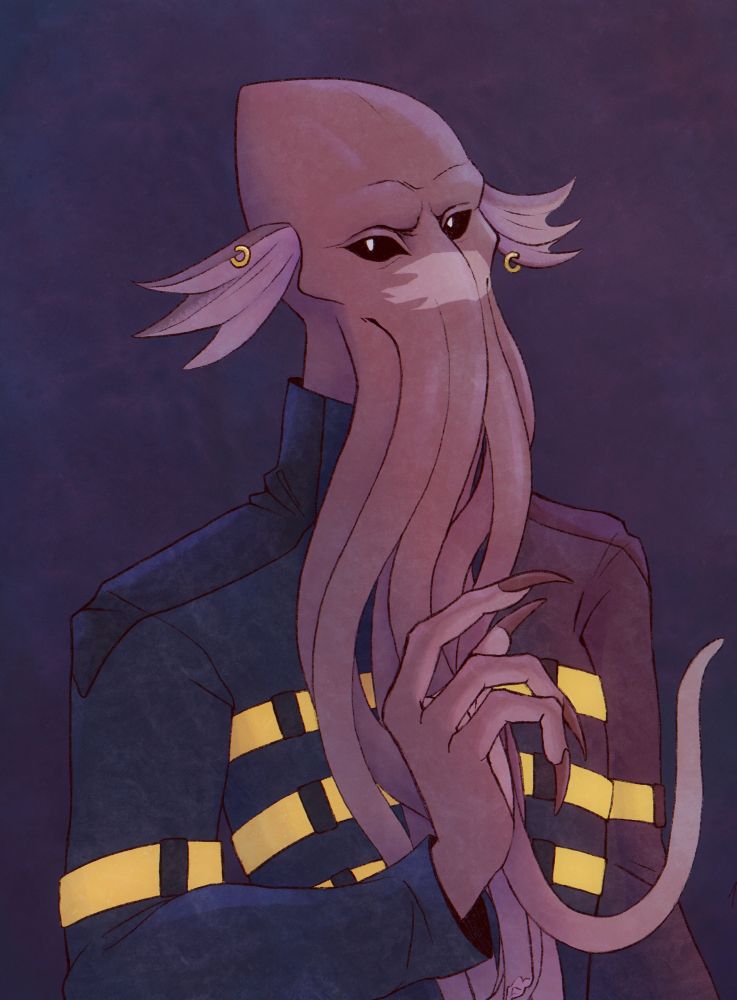 A reddish coloured Illithid in purple and pink lighting. He has fins in the place of ears with piercings on them and a scar across his 'nose'. He looks towards the left/viewer with his hand raised to his chest in front of his tentacles.