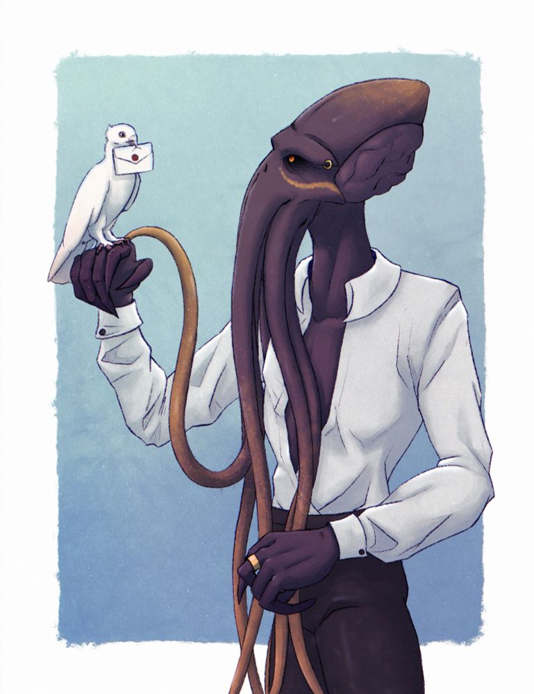 A dark ulitharid tinted purple by the blue light gently holds their hand out for a seraphim pigeon to perch upon with a letter in its beak.