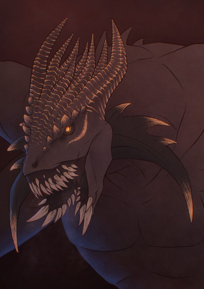A dark coloured creature with a short dragon head and a split lower jaw, full of teeth. The upper jaw has the lips drawn back to the nose with even more teeth layered together jutting out. Rows of horns line the back of the head, each ridge lined with gold, as well as two giant gold tipped horns from the side of the head.
