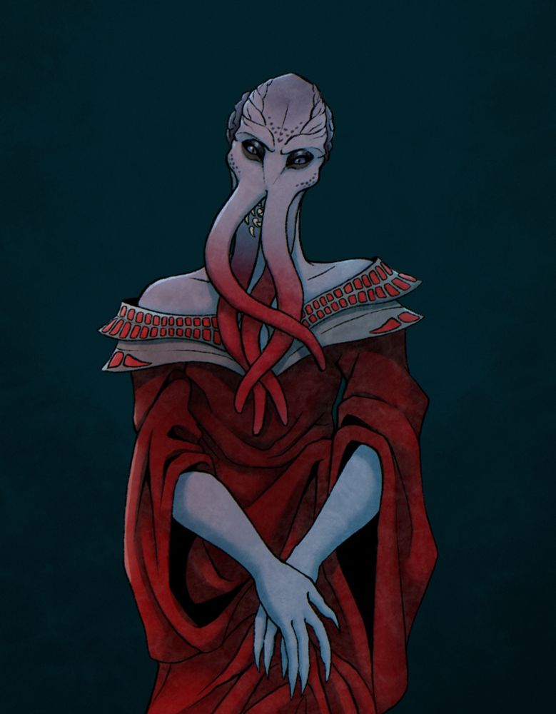 A grey illithid with red tentacles facing the camera. She has her hands in front of her hips with her flowing red robes bunched up under them.