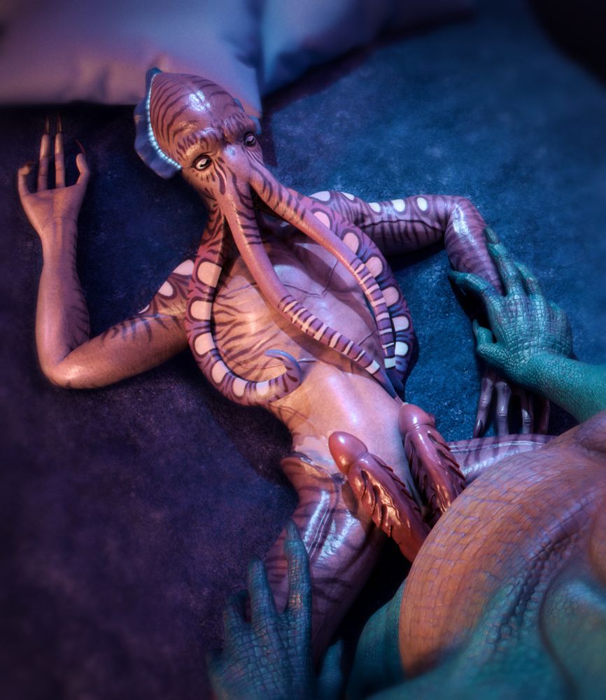 Top view of a striped illithid laying on her back in a moss bed. A large lizardfolk is pressed between her legs, holding her arm and her thigh. He has his two ridged cocks splayed across her pelvis, where they reach up to where her belly button would be.