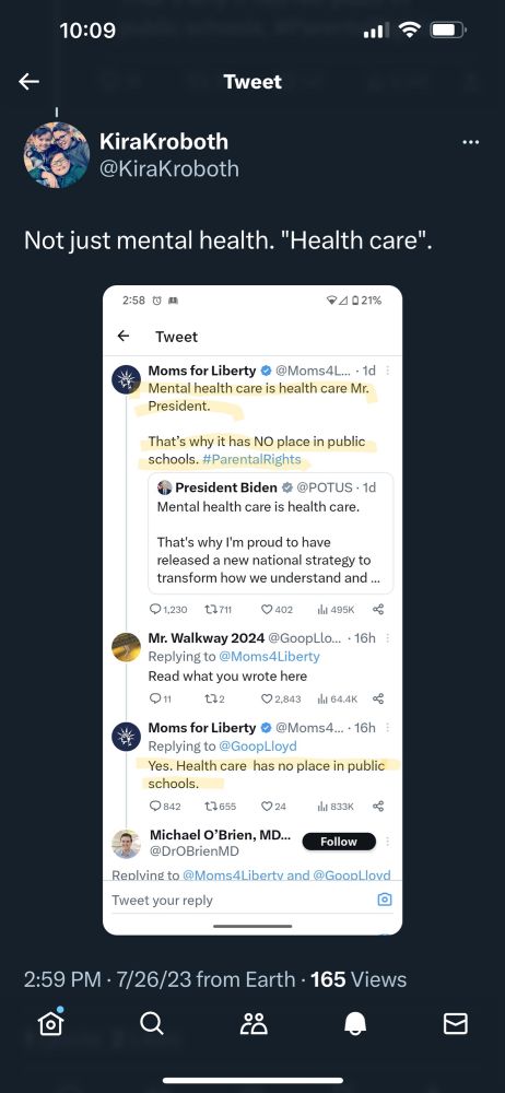 A thread where Moms for Liberty states there’s no place for mental health care in schools. When questioned about that statement, they followed it by saying that there’s no place for health care in schools. 