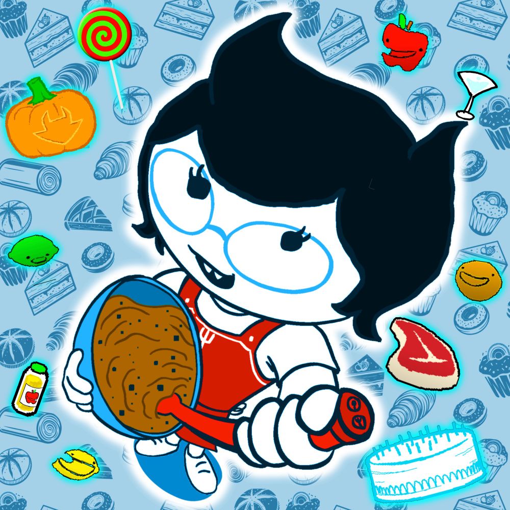 A perspective drawing of Jane Crocker from Homestuck. She is wearing a red apron with a small trident logo below the topmost hem. She is standing up, holding a mixing bowl of cookie dough with one hand and grasping the Junior Battermaster stirring spoon with the other. Her head is the closest to the camera, so it is cartoonishly large. Her body gets significantly smaller as it gets closer to the floor, to reflect the warped field of view. The background is a blue stock pattern of various baked goods. Overlayed on top are various food items from Homestuck, such as a pumpkin, apple juice, the fruity rumpus fruits, meat, and candy.  