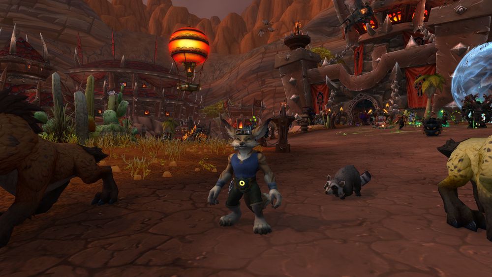 My vulpera Mero (the Mechanic). Tawny fur. Wearing blue shirt and goggles. His hyenas Juri (yellowish hyena) and Riggs (reddish hyena). And his raccoon Larson.