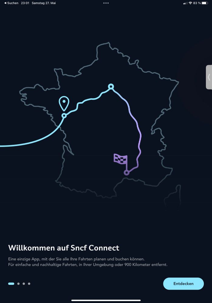 Welcome screen of the SNCF Connect app, showing a train route across France in pretty colors. The train route appears to be Nantes Montpellier, changing in Paris. 