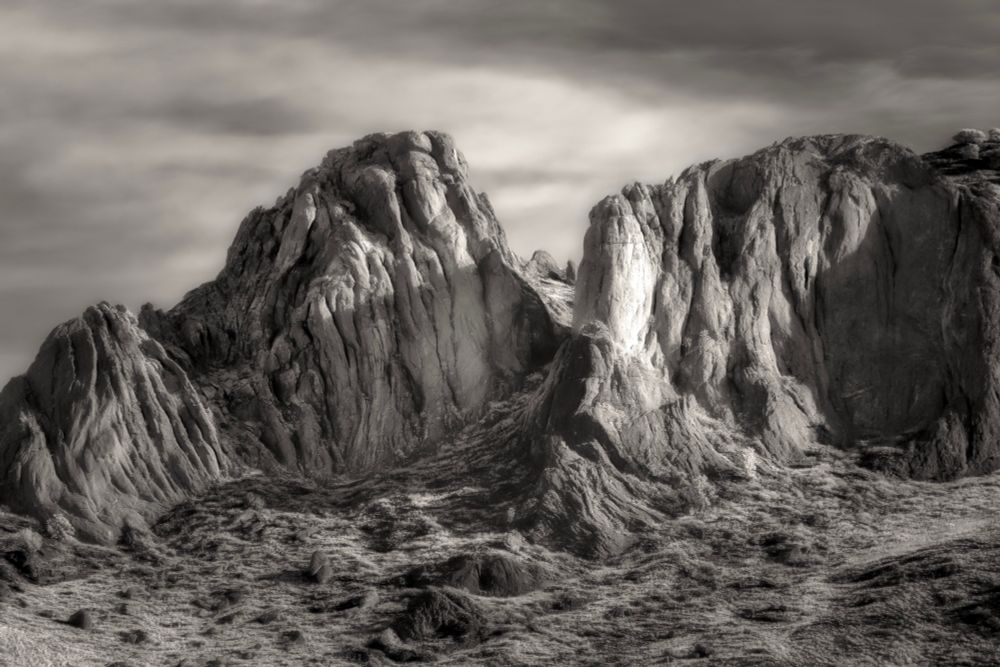 Sandstone formations preexisting the Rocky Mountains. Black and white infrared image.
