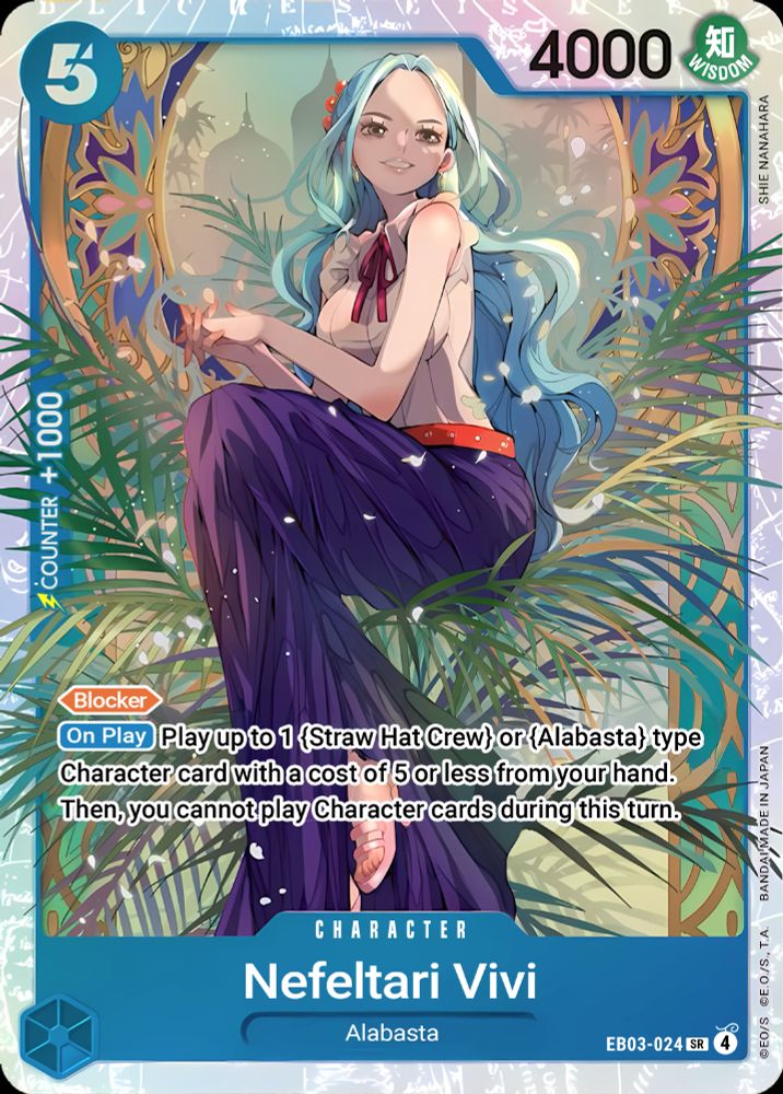 A Nefeltari Vivi card from the One Piece Trading Card Game - specifically Set EB03-24. Proxy card translated into English by Morpice from the OPTCG Community Discord server.